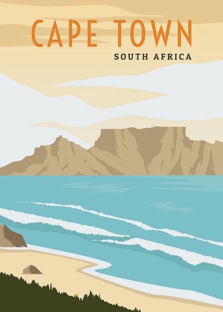 Vintage retro table mountain on cape town beach poster design illustration seascape beach poster in south africa