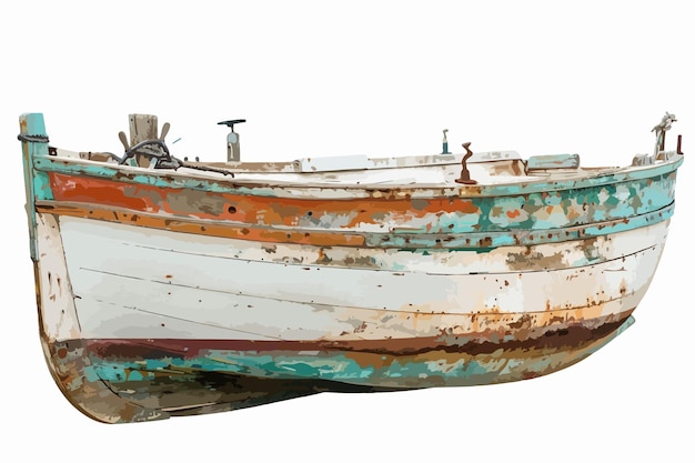 Vector vintage rusty boat with propeller in old mediterranean harbor