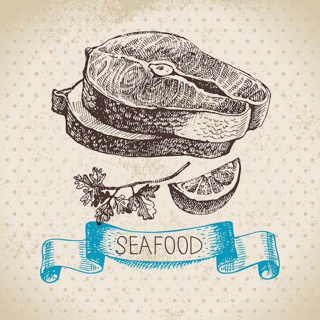 Vintage sea background Hand drawn sketch seafood vector illustration of lobster fish pieces