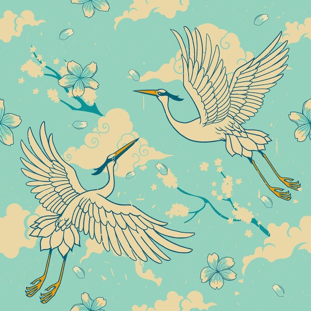 Vintage Seamless Pattern of Japanese Heron Bird