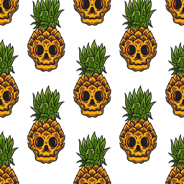 Vintage seamless pattern of pineapple skull summer on white background