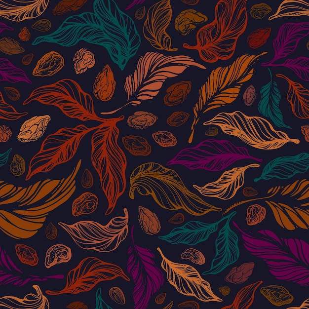 Vintage seamless pattern  texture foliage Hand drawn art nuts leaf