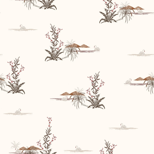 Vintage Seamless pattern with birds swans in the lake, flowers and mountain.