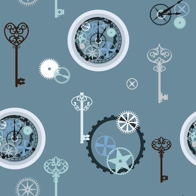 Vintage seamless pattern with clocks and keys Seamless vector illustration