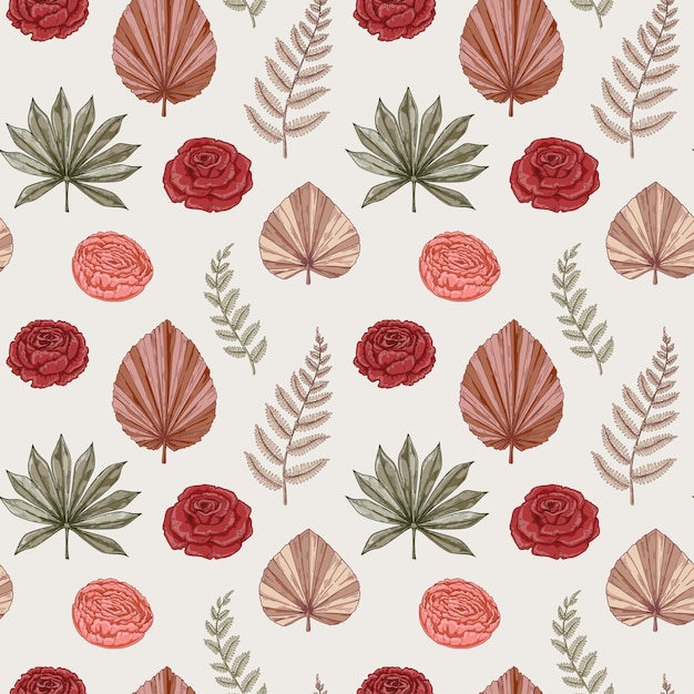 Vintage seamless pattern with roses Boho wallpaper design Hand drawn vector illustration