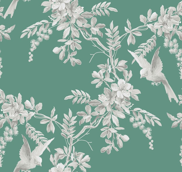 vintage seamless texture. small birds on the blooming cherry blossom.