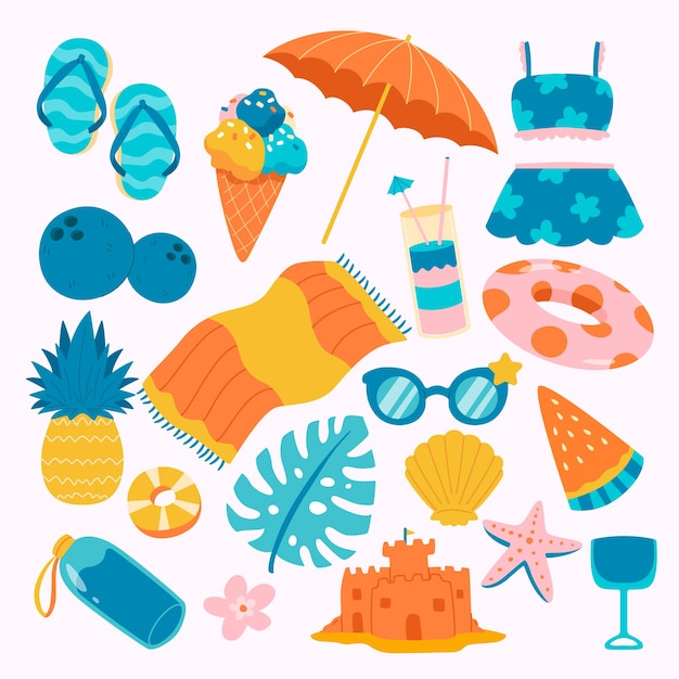 Vintage Set of cute summer icons element collections food drinks palm leaves fruits and flamingo