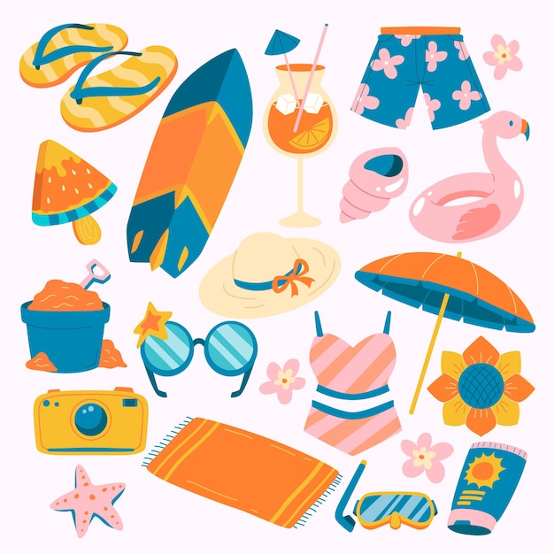 Vintage Set of cute summer icons element collections food drinks palm leaves fruits and flamingo