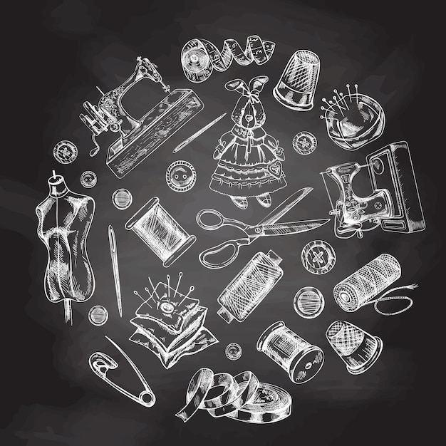 Vector vintage set of hand drawn sewing icons on chalkboard background in sketch style