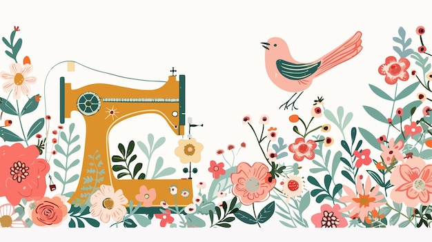 Vintage Sewing Machine Background with Bird and Flowers