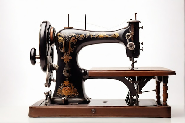 a vintage sewing machine is sitting on a wooden stand