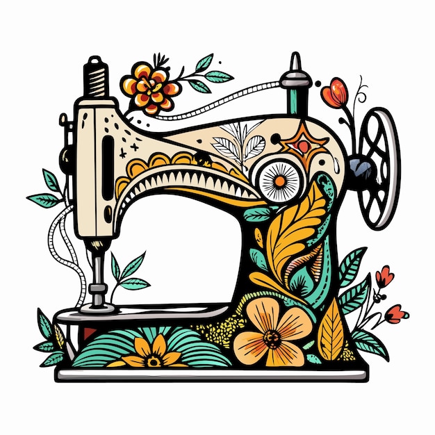 Vintage Sewing Machine with Floral Pattern Retro Style Illustration