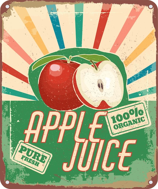 Vintage shabby slightly rusty advertising banner fresh apple juice vector illustration