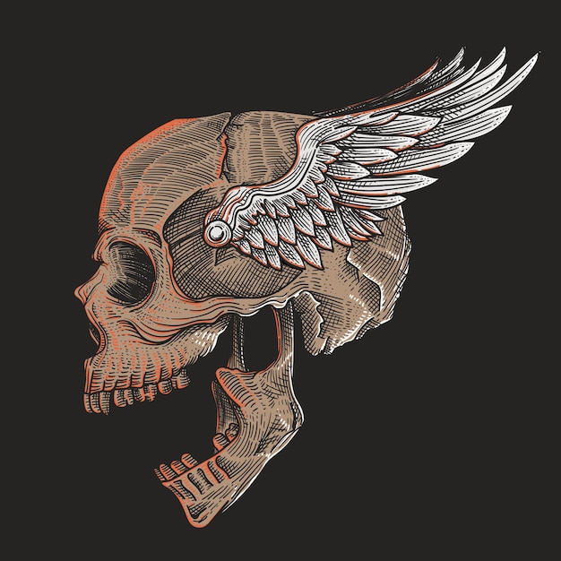 vintage skull head with angel wings