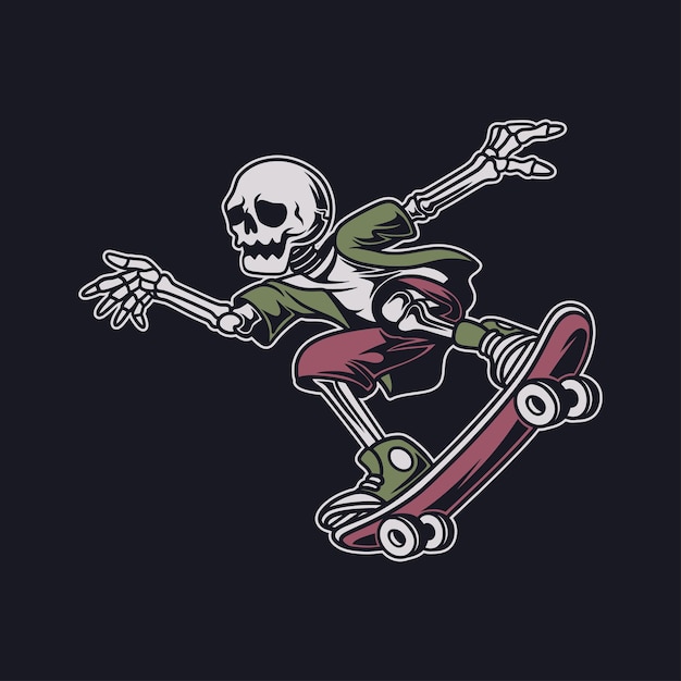 Vintage skull with the front tire sliding in the air skateboard 