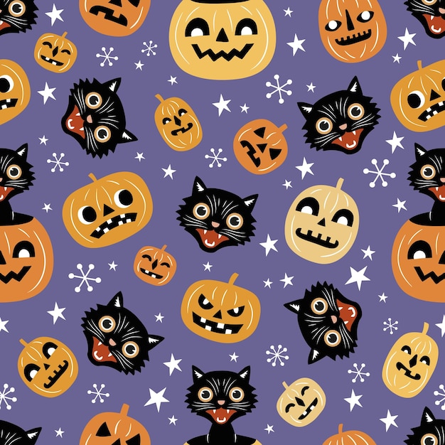 Vintage spooky cats and halloween pumpkins seamless vector pattern on purple background.