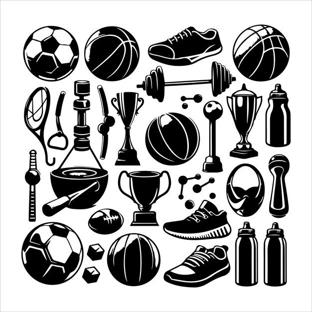 Vintage sports equipment set Sport elements collection illustration silhouette style