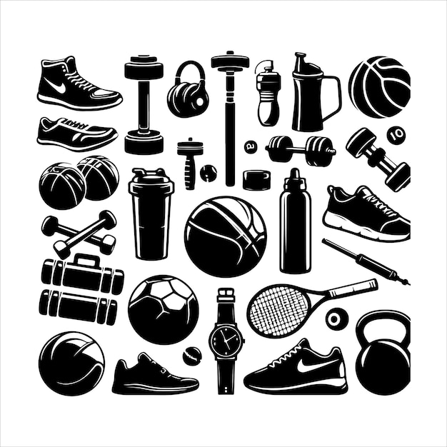 Vintage sports equipment set Sport elements collection illustration silhouette style