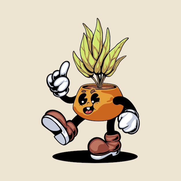 VINTAGE STYLE CARTOON CHARACTER PLANT POT ILLUSTRATION