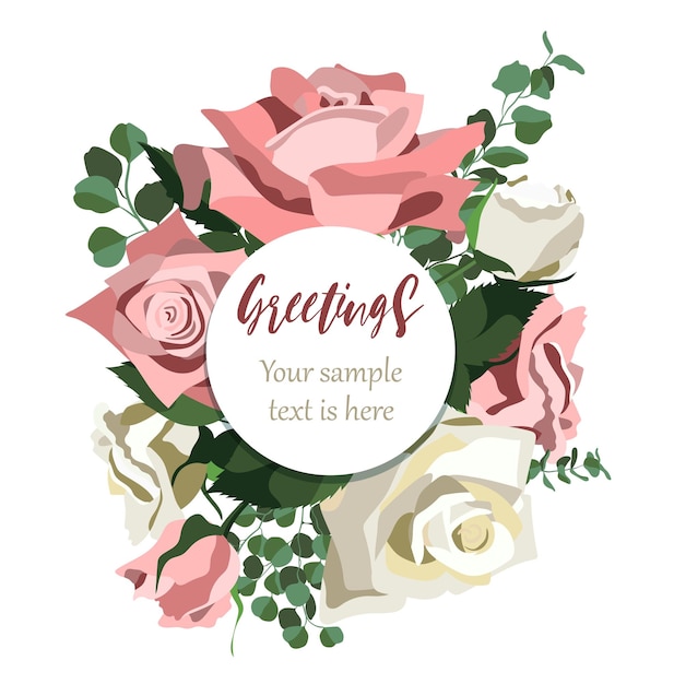 Vintage style floral background with pink and white roses, leaves and eucalyptus branches