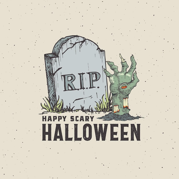 Vintage Style Halloween Card Label Template Hand Drawn Tomb Ston and Zombie Hand Sketch Illustration with Retro Typography Isolated