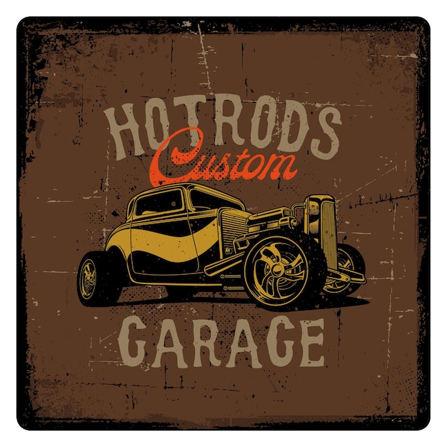 Vintage style handdraw yellow Hotrod with grunge texture