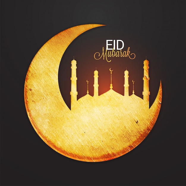 Vintage style mosque on moon with text Eid Mubarak.