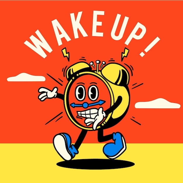 Vintage style ringing alarm clock character cartoon illustration on red yellow background