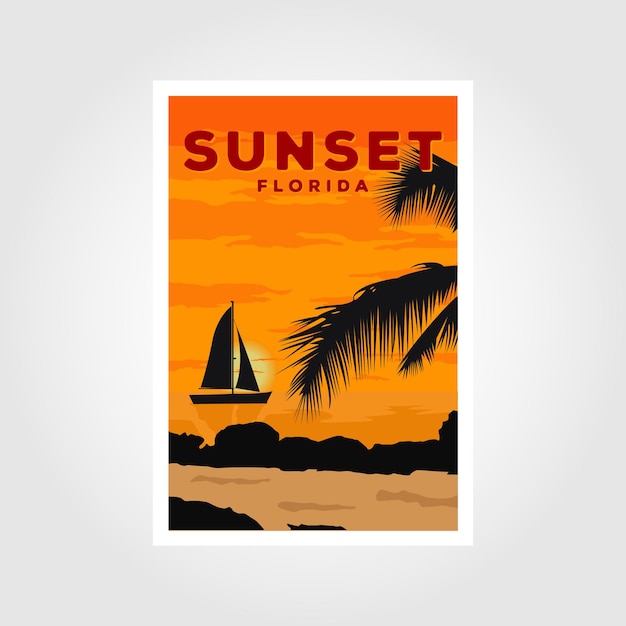 Vintage style travel poster or sticker florida United States, key west sunset and palm trees.