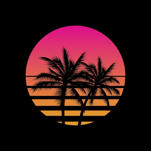 Vintage styled sunset with palm trees silhouettes logo or icon gesign template on black background. Vaporwave sun. 