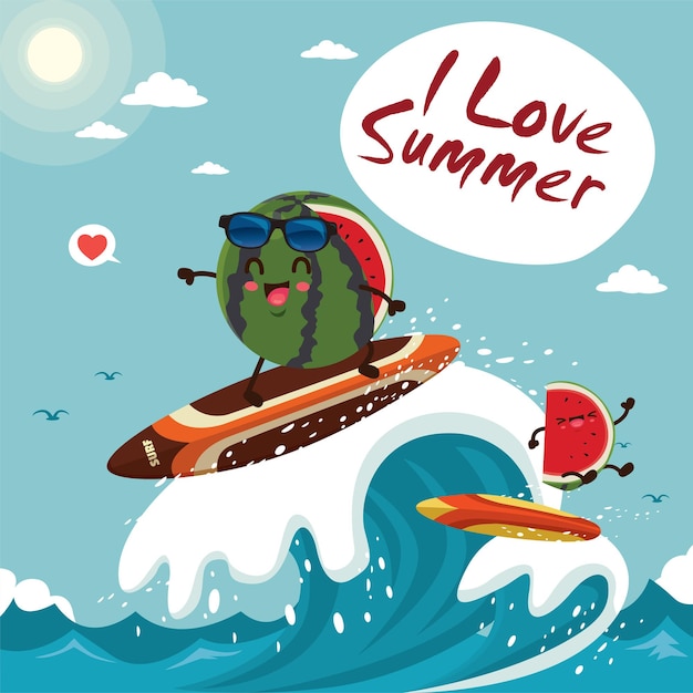 Vintage summer poster design with vector watermelon sunglasses characters