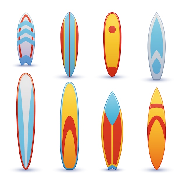 Vector vintage surfboards with cool set. surfing shortboard, illustration of funboard