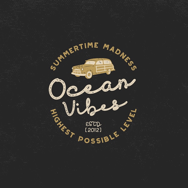 Vintage surfing. Ocean vibes with surf car and retro typography