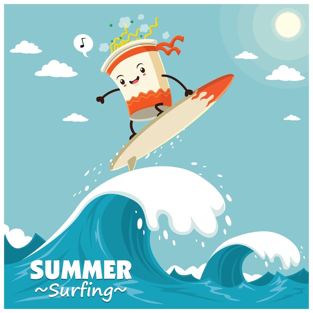 Vintage surfing poster design with vector cup noodle surfer.