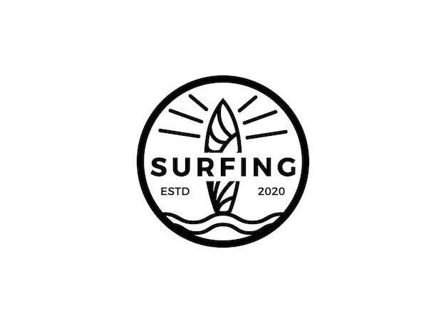 Vintage Surfing in the summer logo design template.