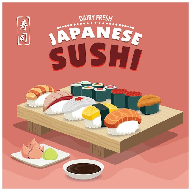 Vintage Sushi poster design with vector sushi character. Chinese word means sushi.