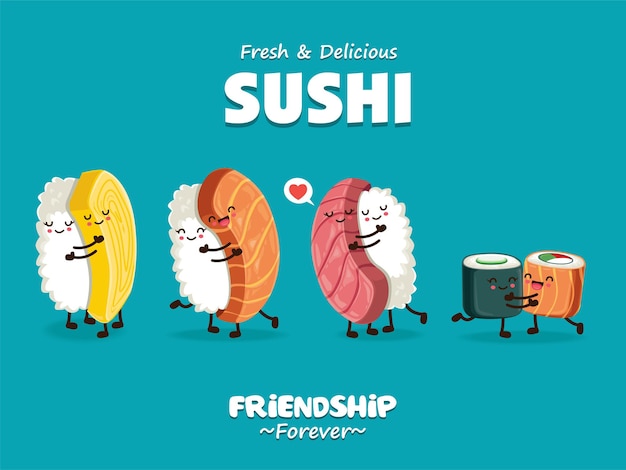 Vintage Sushi poster design with vector sushi character set