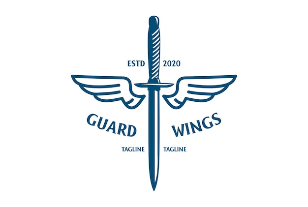 Vintage Sword Blade Dagger with Wings for Angel Tattoo Military or Guard Logo Design Vector