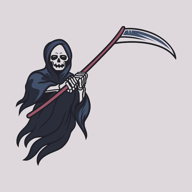 Vintage t shirt design grim reaper carrying ax with both hands in front of his chest illustration