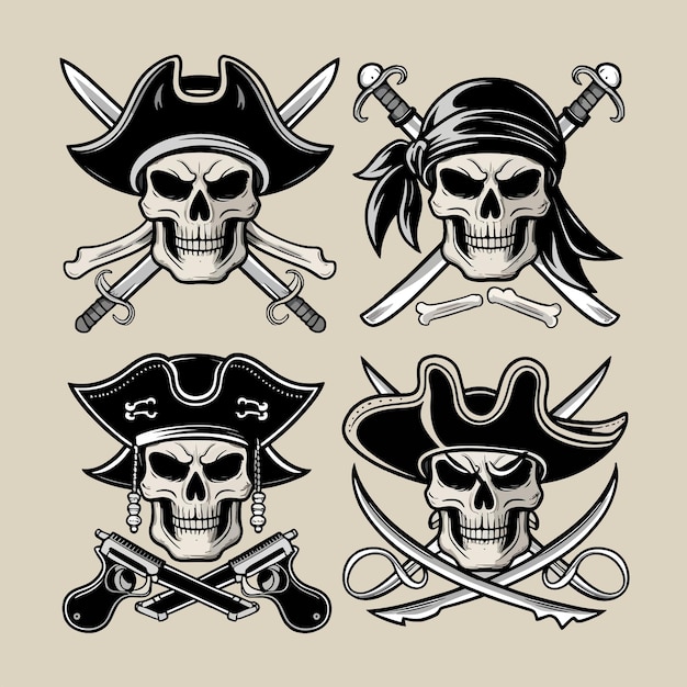 Vintage Tattoo Style Pirate Skulls Vector Art Illustration