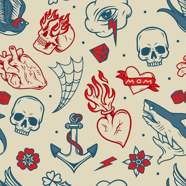 Vintage tattoos seamless pattern with anatomical and fiery hearts