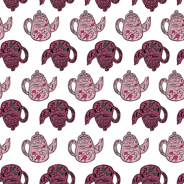 Vintage teapots seamless pattern. Background of teatime in hand drawn style. Repeated texture in doodle style for fabric, wrapping paper, wallpaper, tissue. Vector illustration.