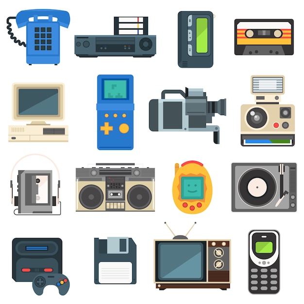 Vintage technologies, camera, phone retro audio, tv set.