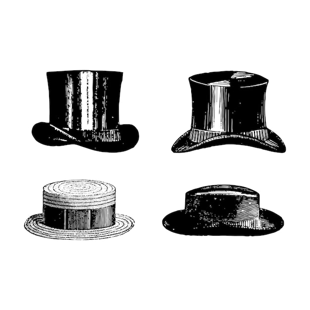 Vector vintage top hat collection in detailed illustration