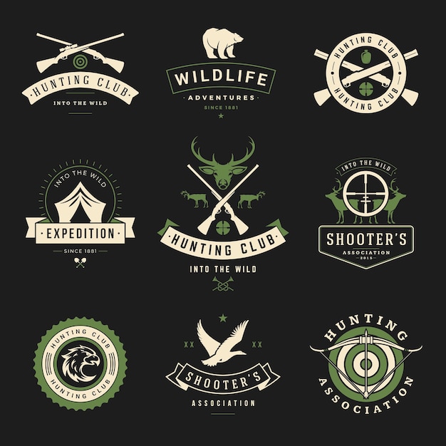 Vintage travel and hunting clubs vector logos