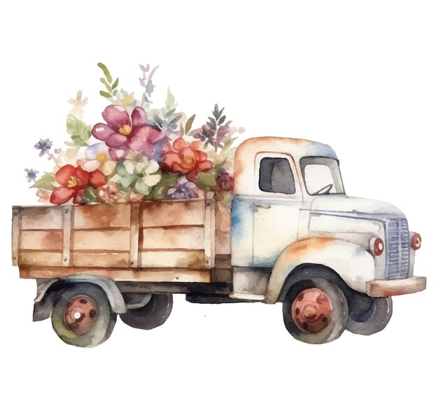 Vector a vintage truck with flowers in it.