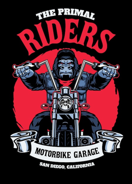 Vintage Tshirt Design of Gorilla Biker Mascot