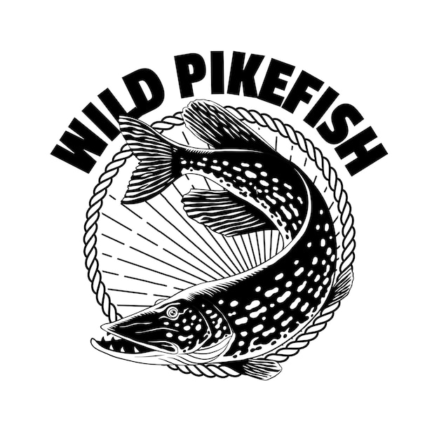 Vintage TShirt Design of Wild Pike Fish in Black and White