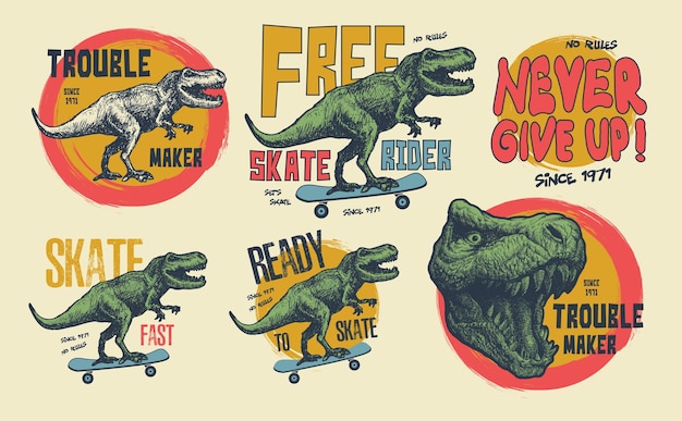 Vintage typography graphics with trex,   set.