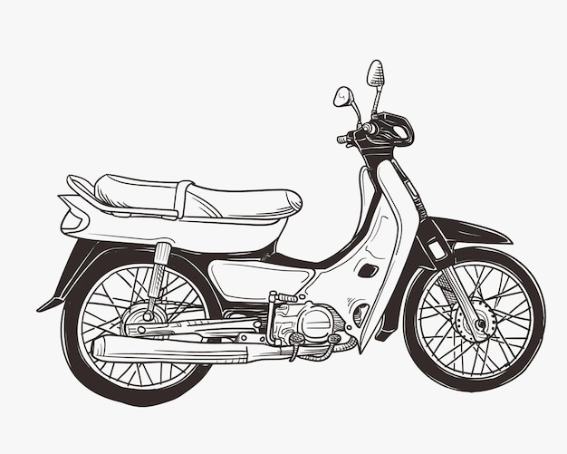 vintage underbone motorcycle doodle illustration with outline